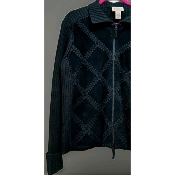 Vintage Studio Works Black Patchwork Leather Knit Zip Sweater Large Y2K Grunge - Picture 2 of 8
